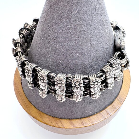 VTG Sterling Silver 925 Heart Flower Design Vintage Link Bracelet Hook Clasp 8" - Picture 2 of 9